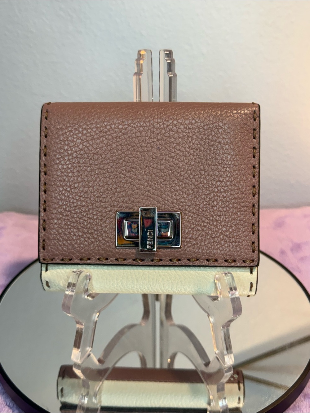Authentic Fendi Selleria Peekaboo Micro Trifold Wallet Bi-color Grained Leather